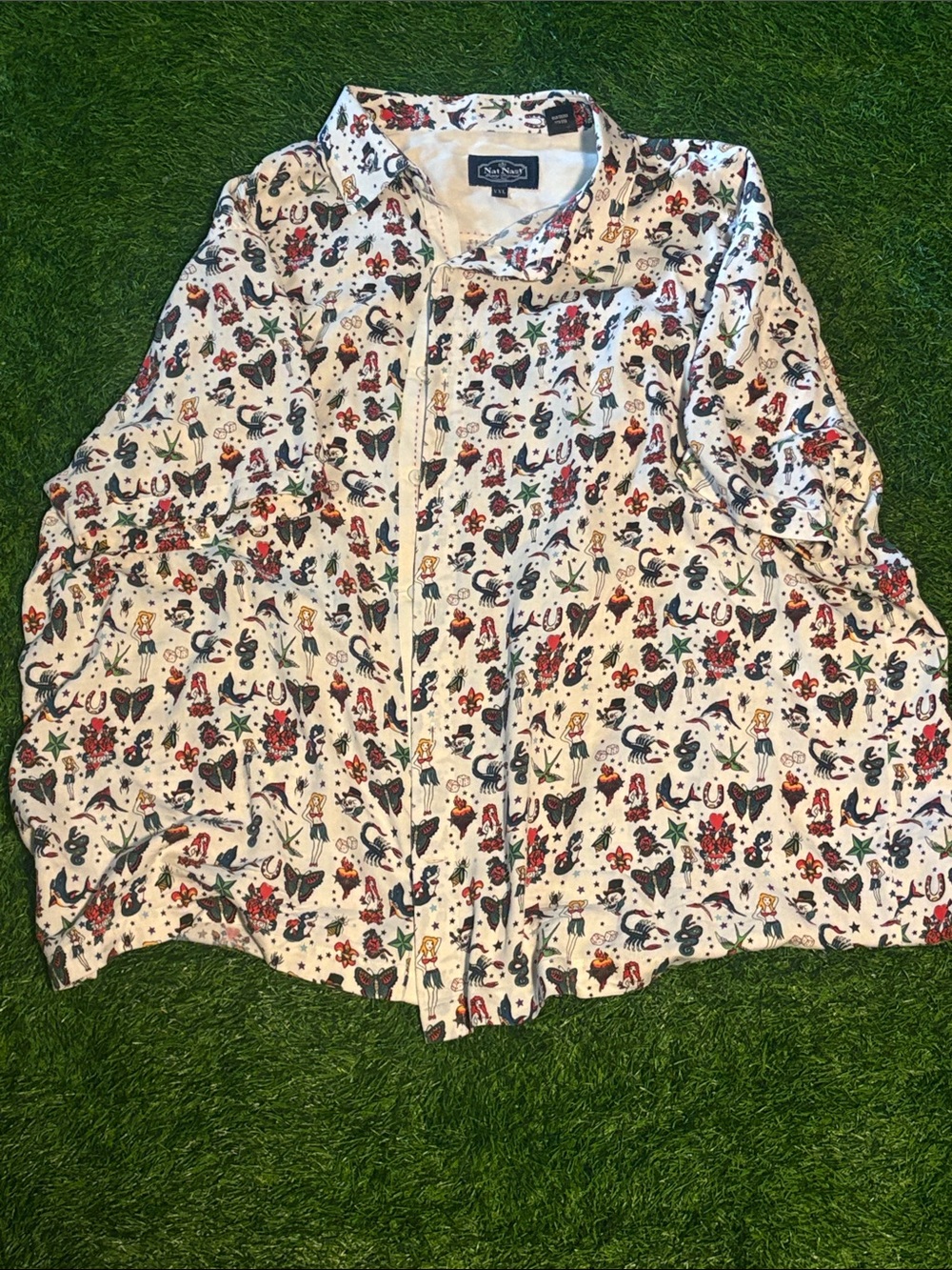 Nat Nast Tattoo Art Pattern Button Up Shirt Silk/Cotton Blend XXL